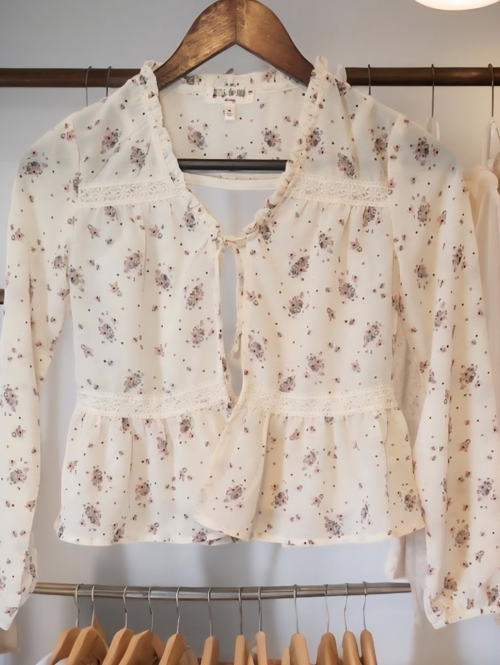 Belle du Jour Girls Medium Floral Blouse Front Tie, Ruffled Neckline, Peplum Hem